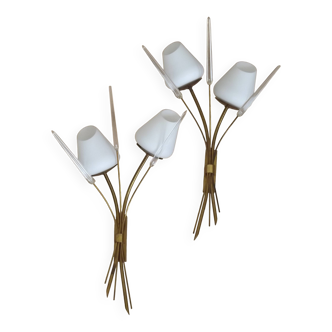 Mid-Century French Brass Sconces • Bullrush Design • Opaque Glass Shades