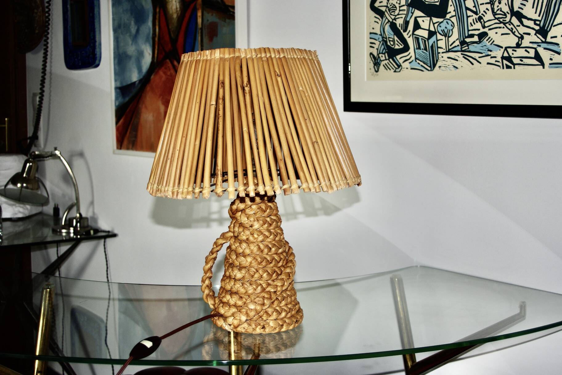 Vintage lamp in braided reed and bamboo