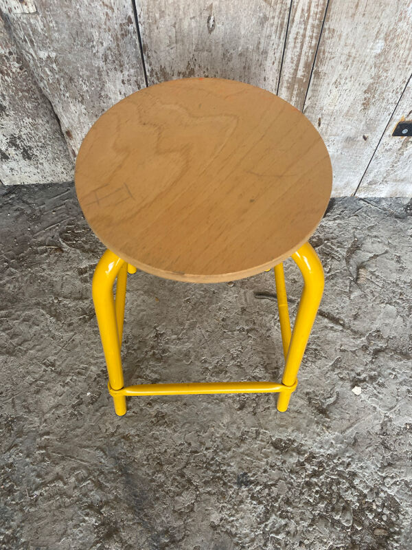 Tabouret Industriel Ancien DPC Tube Métal Jaune + Assise Bois Vintage