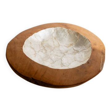 Vintage wooden bowl from the 1960s, handmade with mother-of-pearl inlay, Italian organic design, retro table decoration, elegant gift idea.