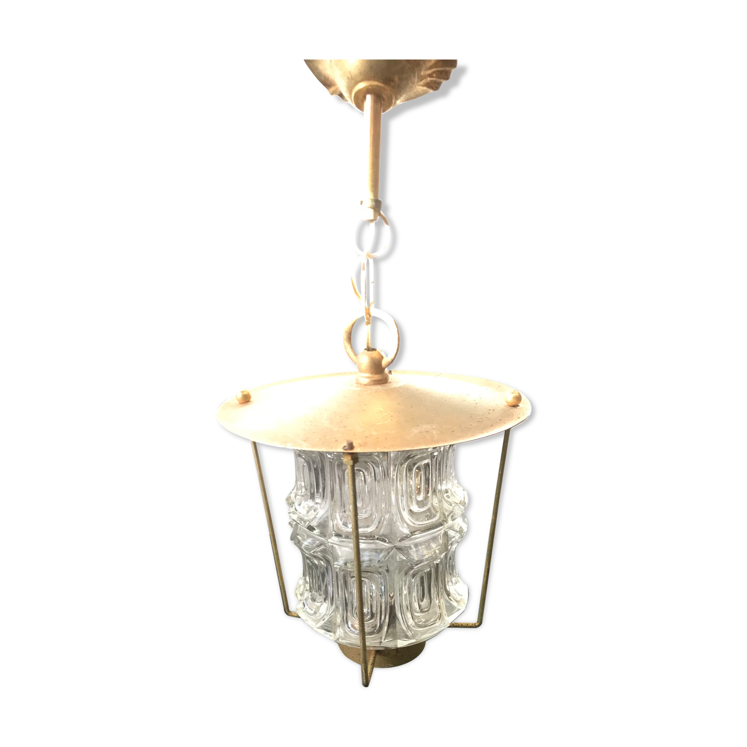 Suspension ancienne lanterne métal doré avec verre moulé années 70 vintage