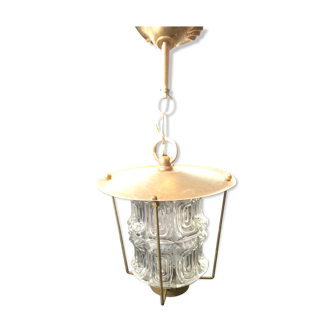 Suspension ancienne lanterne métal doré avec verre moulé années 70 vintage