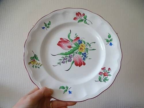 Kg luneville "réverbère" 3 flat plates earthenware hand-painted flowers ø25.5 cm