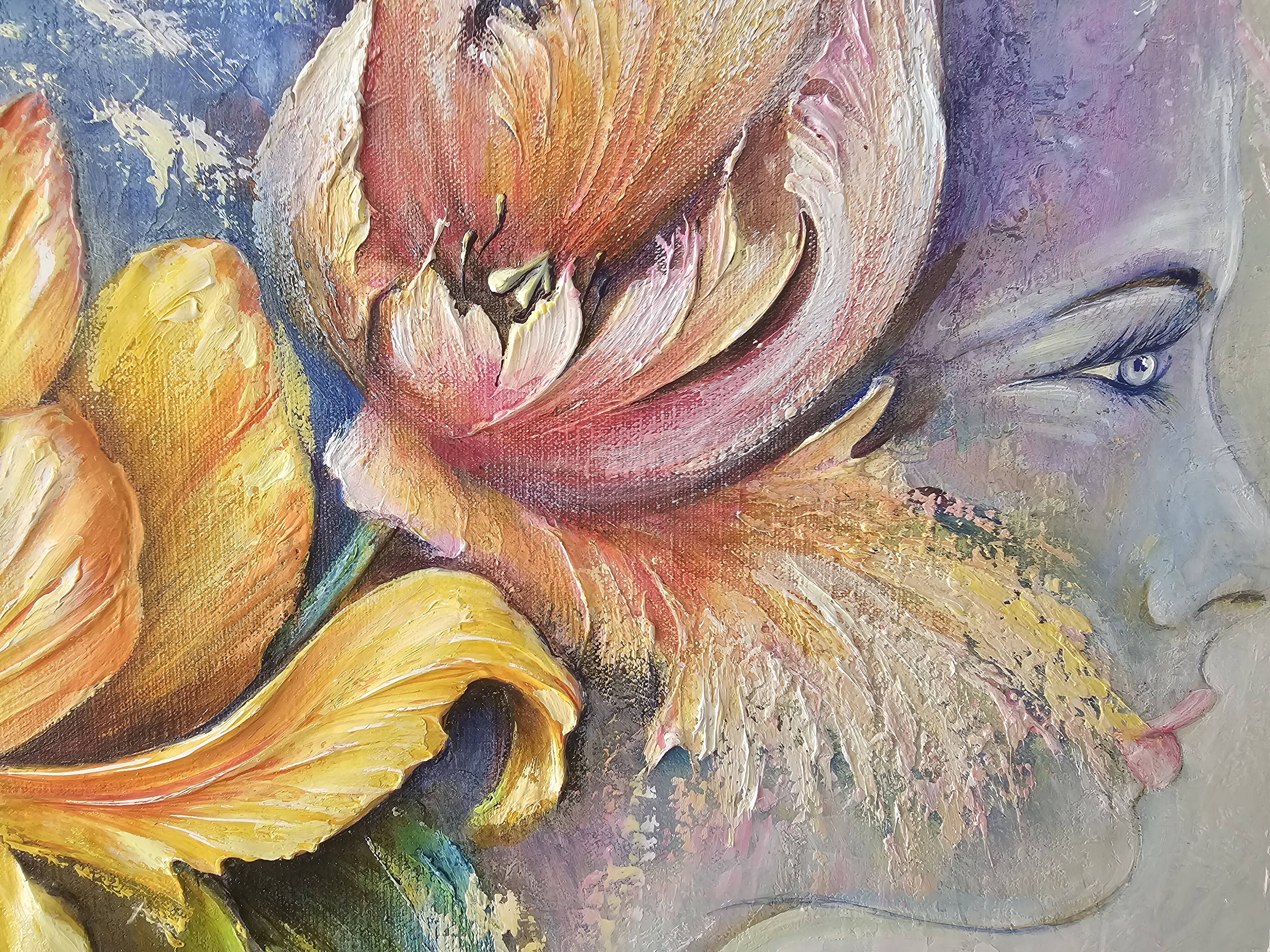 Tableau Huile sur Toile Onirique Profil féminin, fleurs, Oiseaux Michallon