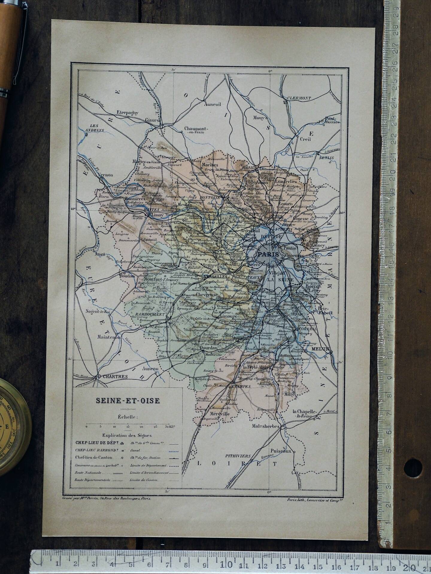 Map of Seine-et-Oise, France. Antique printed in 1889.