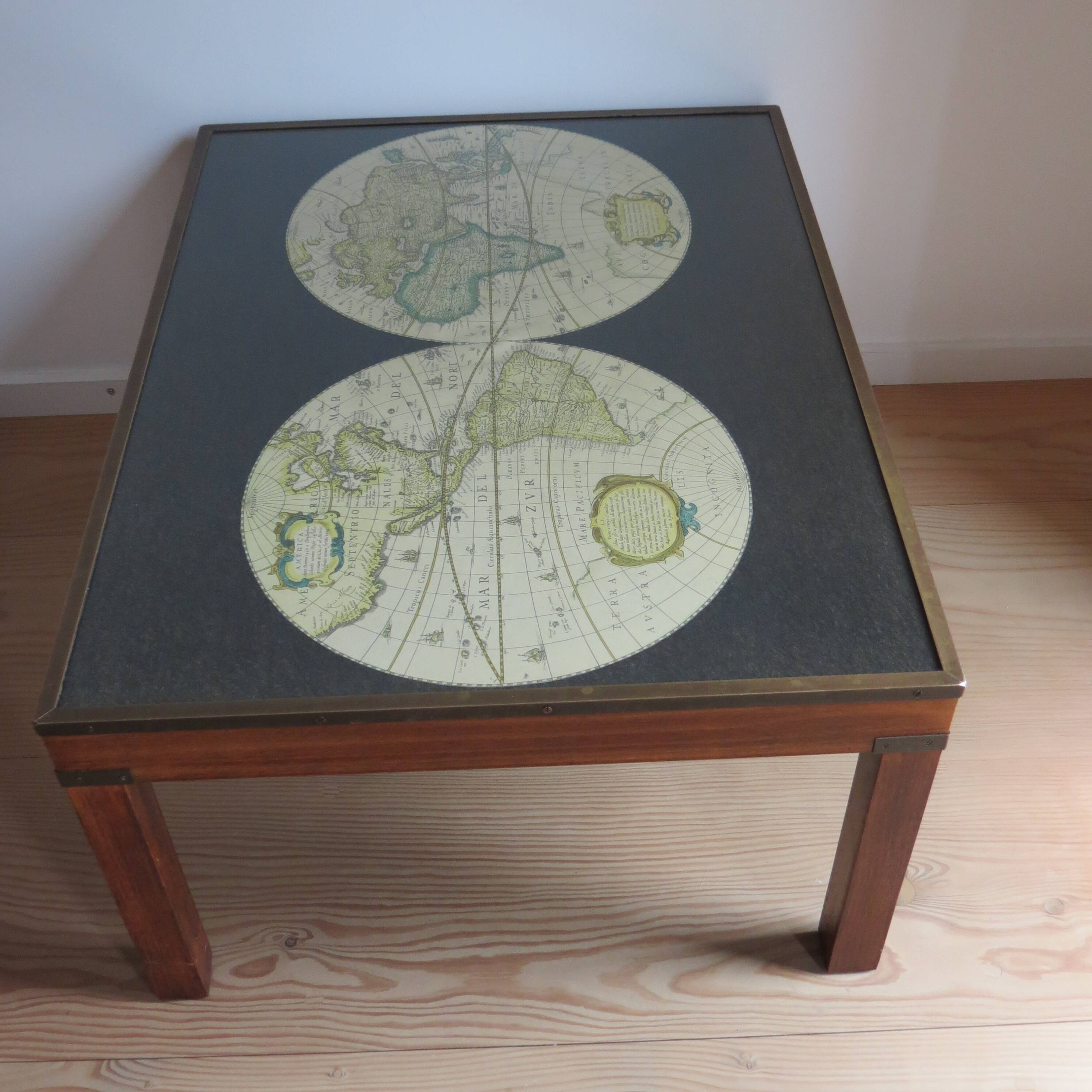 1970s Maison Jansen Campaign Style Coffee Table World Atlas Map