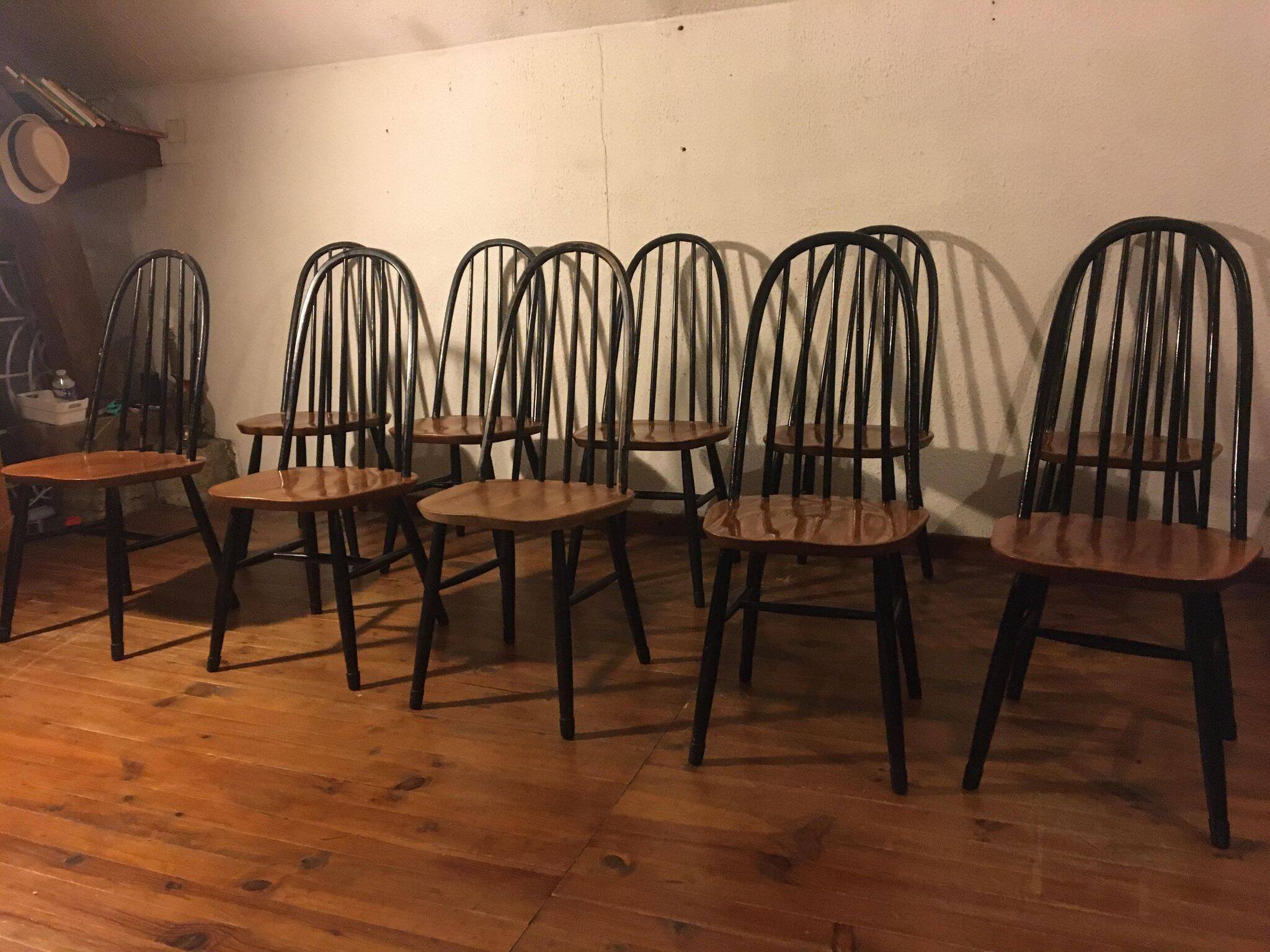 Set of 10 Ercol Quaker chairs from the 50s