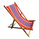 vintage wooden deck chair with red, blue, and yellow striped fabric