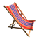 vintage wooden deck chair with red, blue, and yellow striped fabric