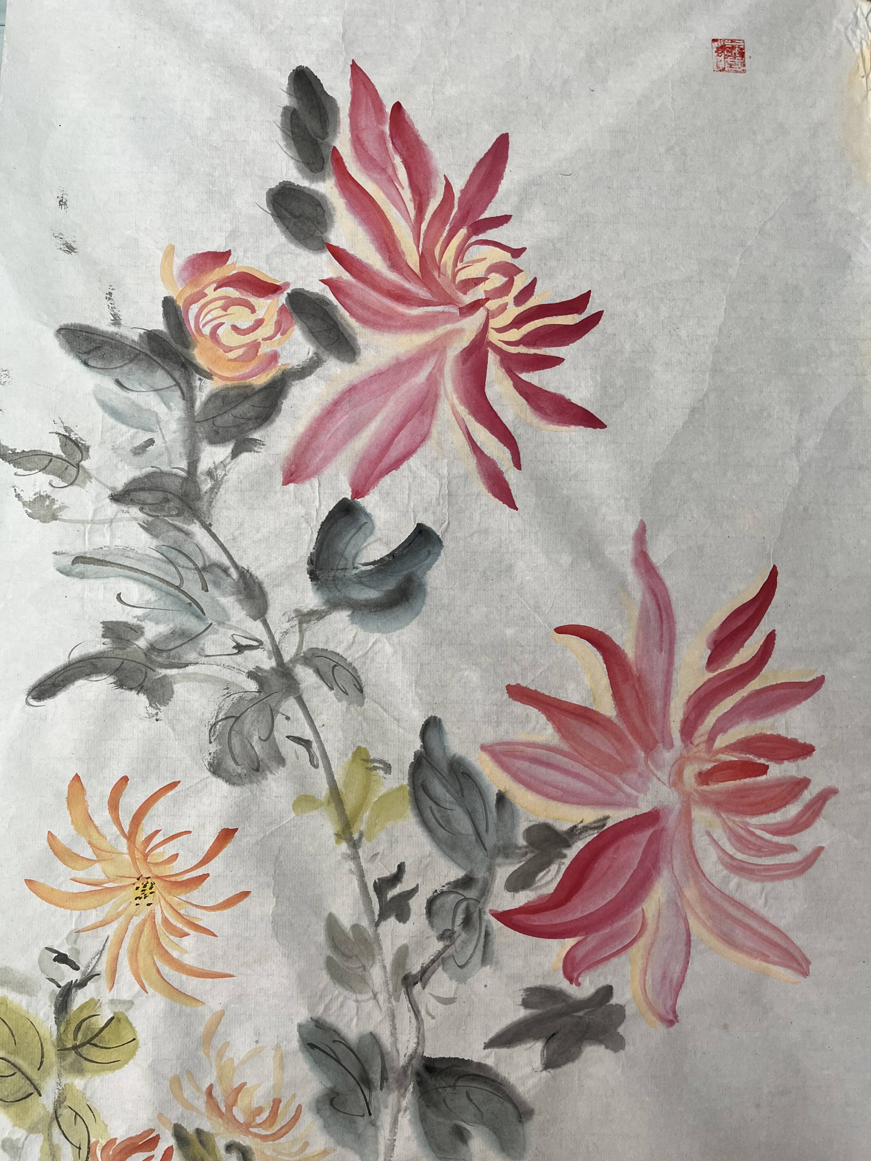 Asia, painting on chrysanthemum rice paper stamp 20th century