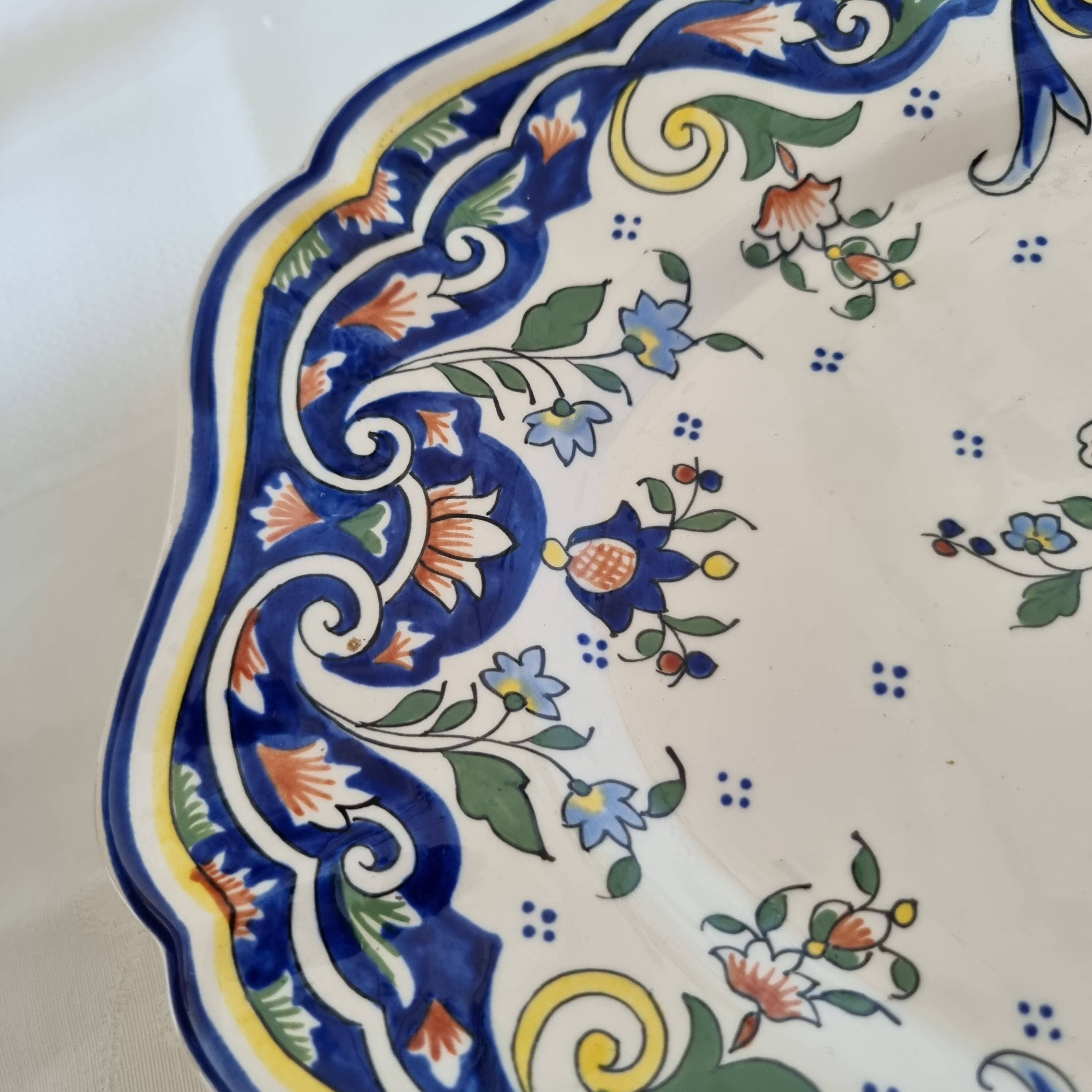 Vintage Rouen porcelain soup tureen with underplate, hand-painted