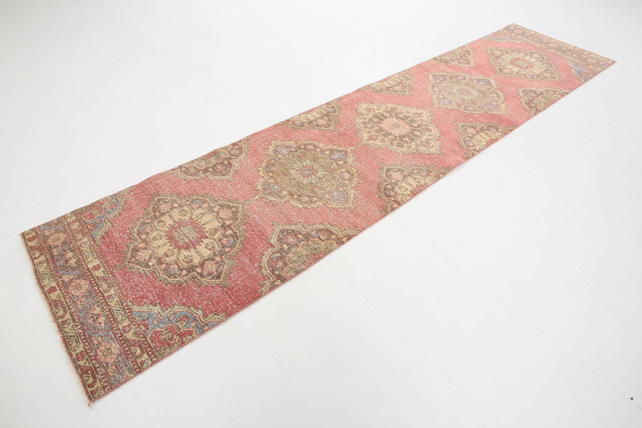 3x12 Pale Red Cream Soft Wool Vintage Runner Rug