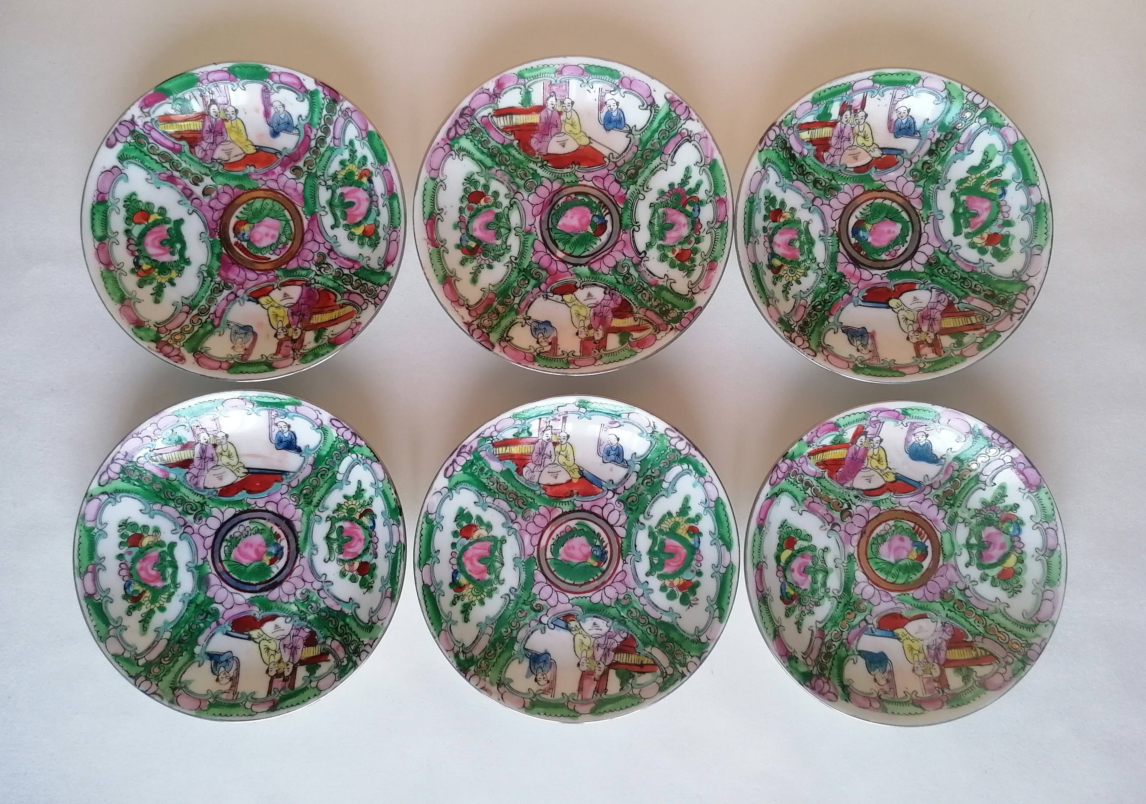 Canton porcelain tea service with 6 cups and teapot.