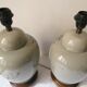 Pair of celadon crackle ceramic lamp bases decorated with flowers.