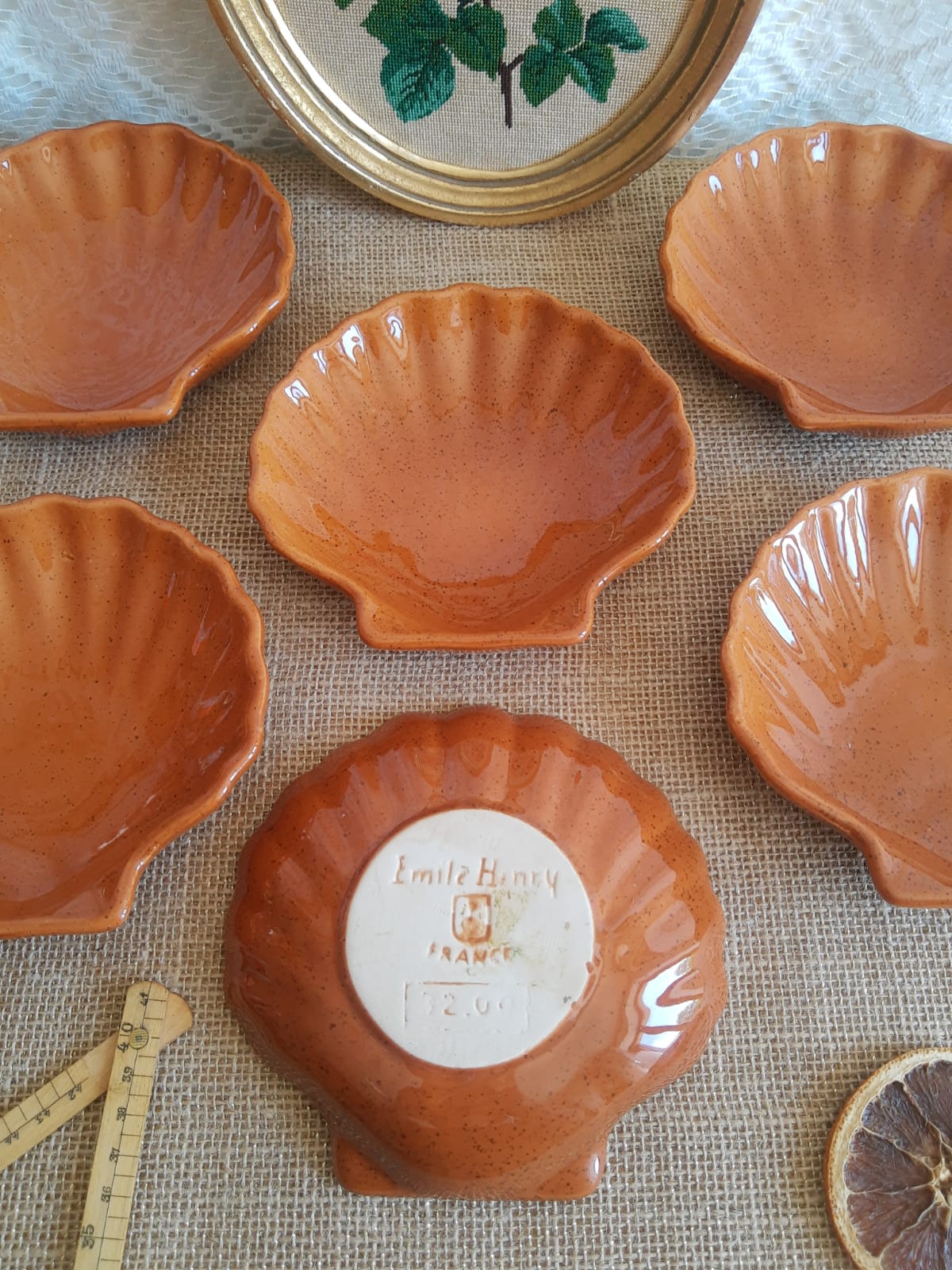 Set of 6 glazed scallop shell ramekins Emile Henry France