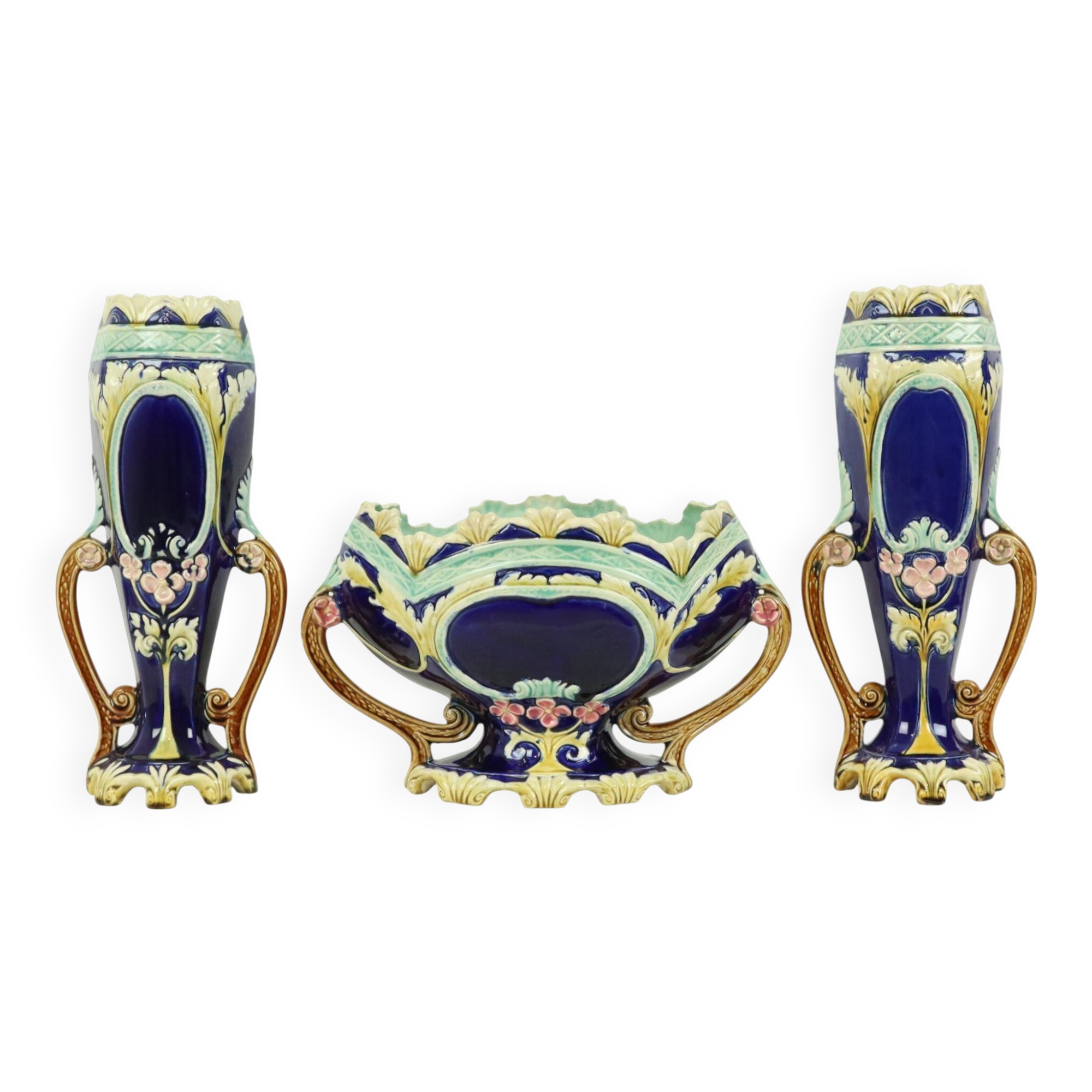 Art Nouveau Barbotine Majolica Vases Jardinière Set of 3