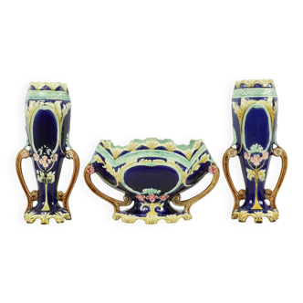 Art Nouveau Barbotine Majolica Vases Jardinière Set of 3
