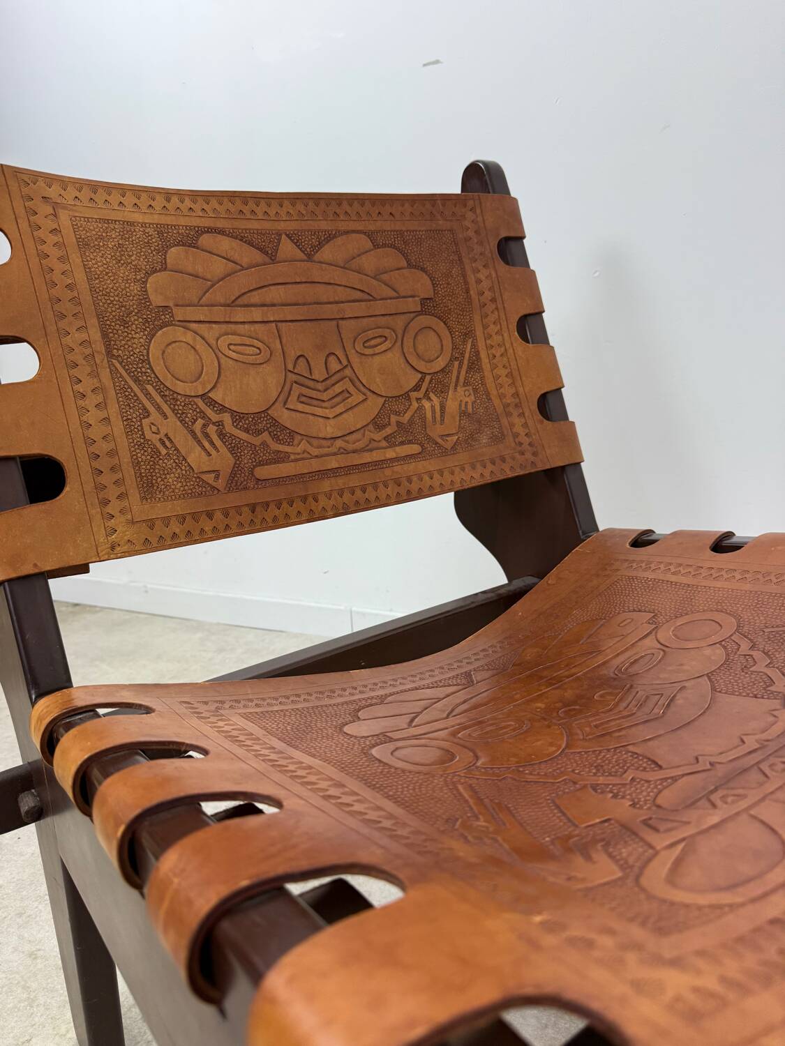 Vintage teak and leather armchair design Angel Pazmino brand Ecuador vintage 1960