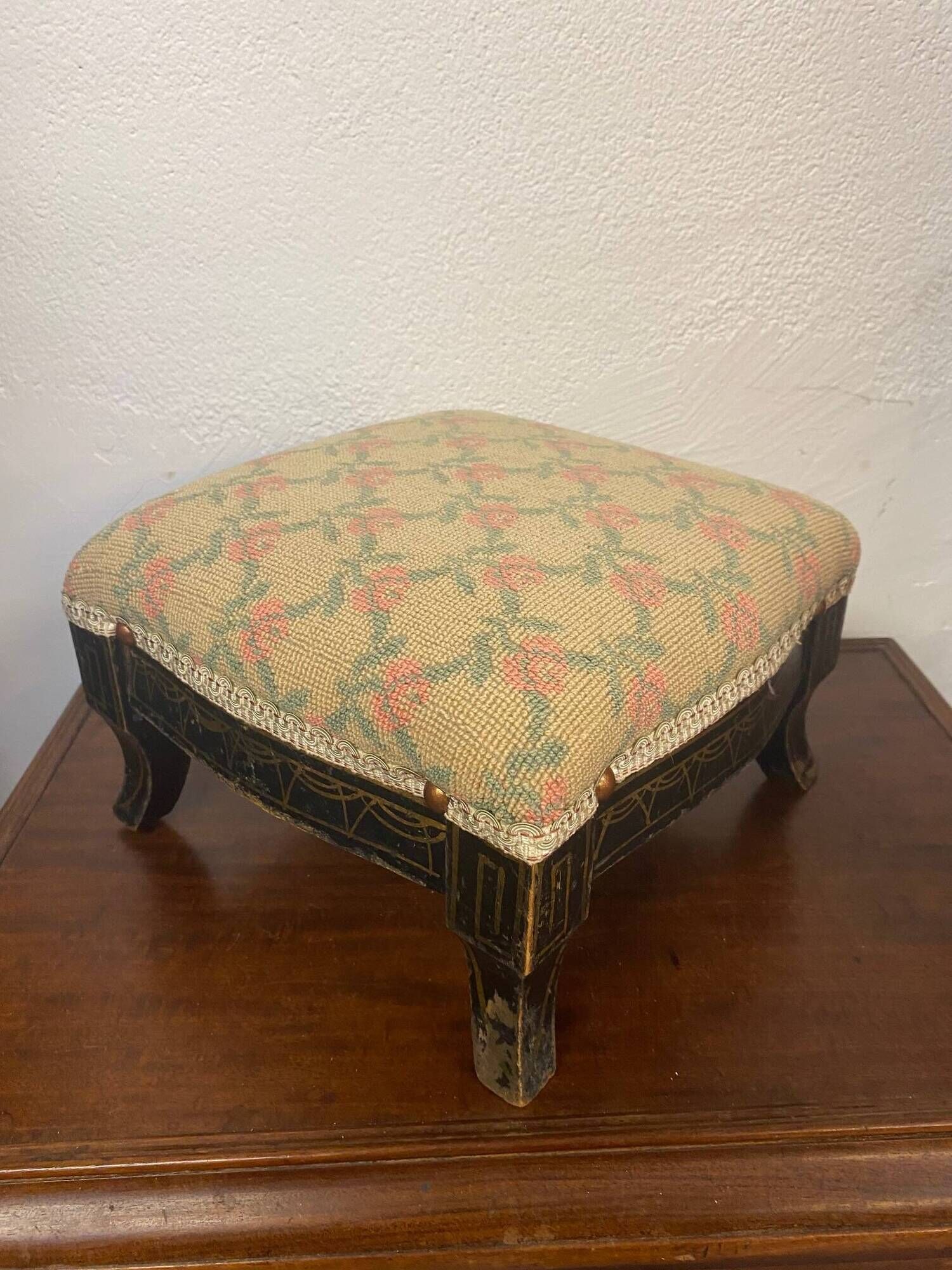 Antique napoleon lll style footrest blackened wood and cross stitch embroidery