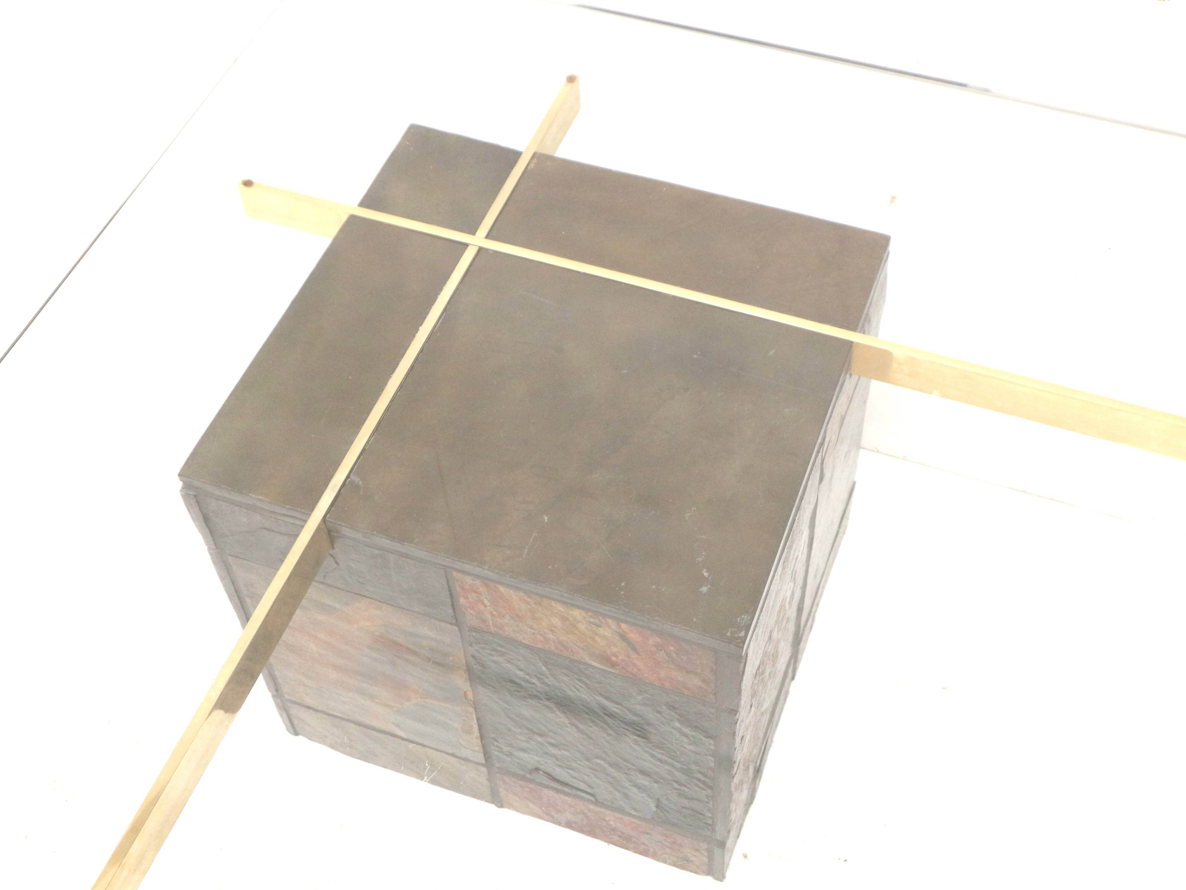 Italian design coffee table by Artedi with natural stone base and glass top