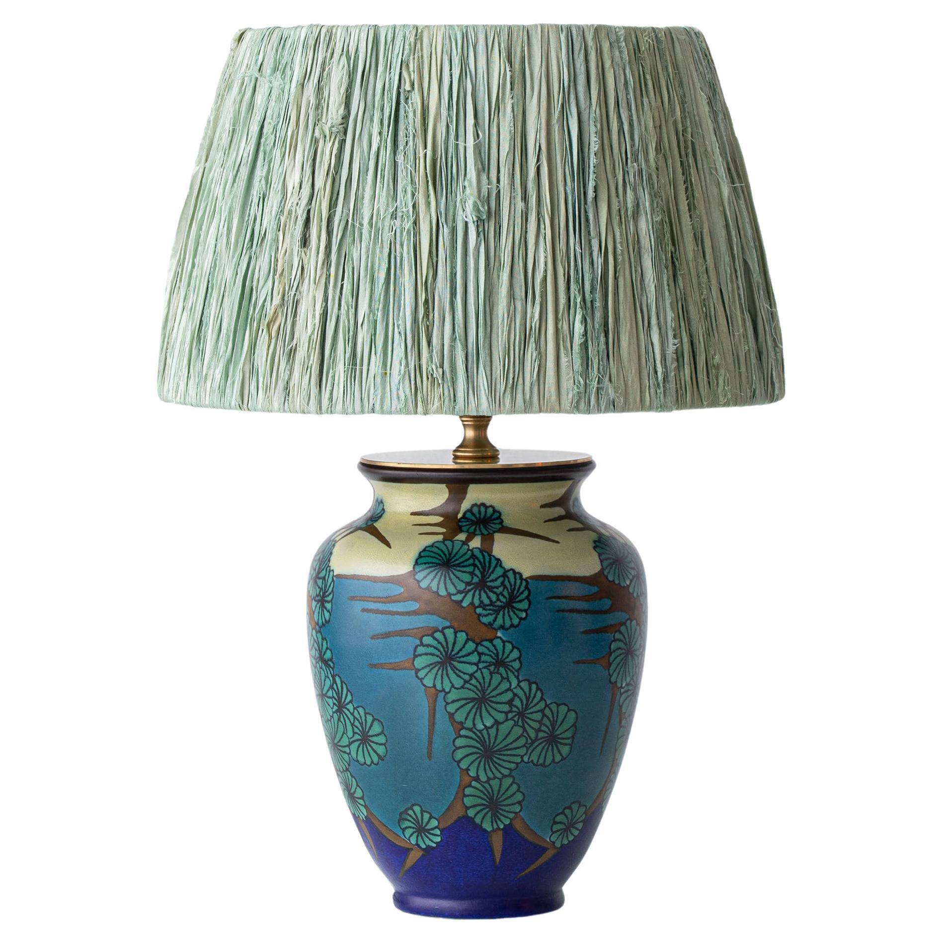 Art Deco Japonisme ceramic table lamp, 1928, new silk sari ribbon lampshade.