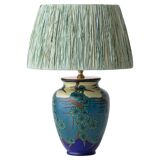 Art Deco Japonisme ceramic table lamp, 1928, new silk sari ribbon lampshade.