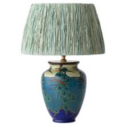 Art Deco Japonisme ceramic table lamp, 1928, new silk sari ribbon lampshade.
