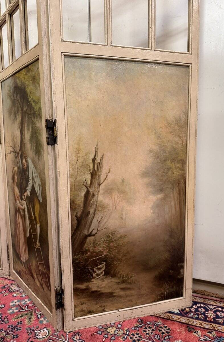 Three-panel screen in Louis XVI style with Romantic decorations and landscapes.