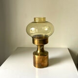 Danish design 1960 hurricane candleholder in brass and amber colored glass