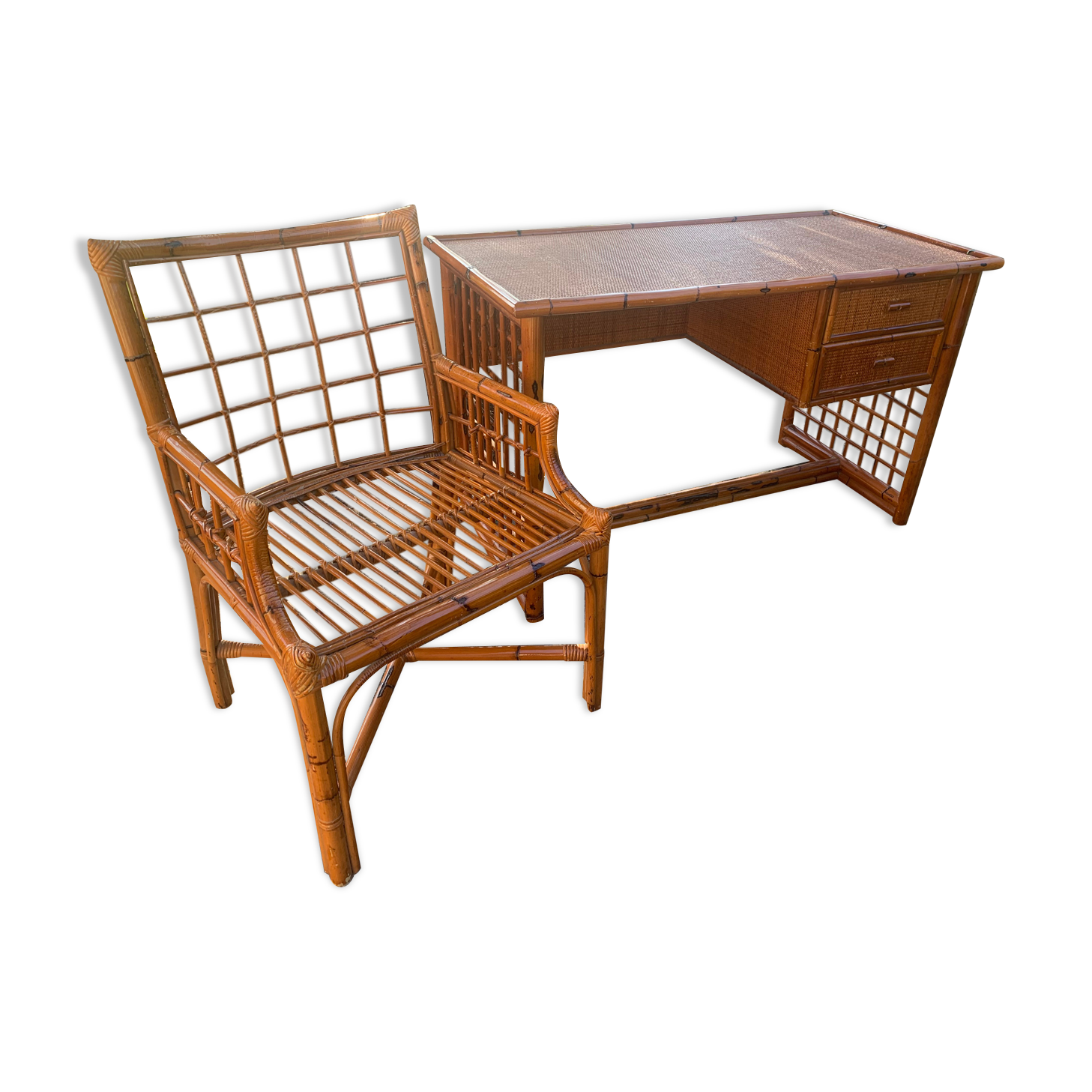 Desk and armchair rattan and vintage bamboo