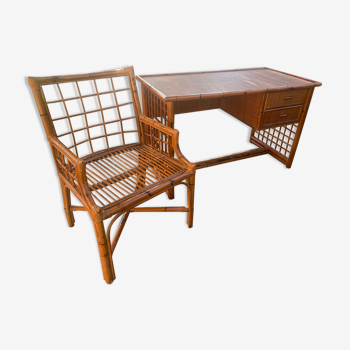 Desk and armchair rattan and vintage bamboo