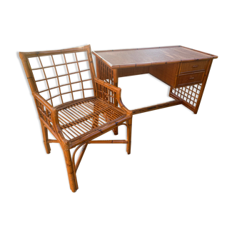 Bureau et fauteuil rotin et bambou vintage