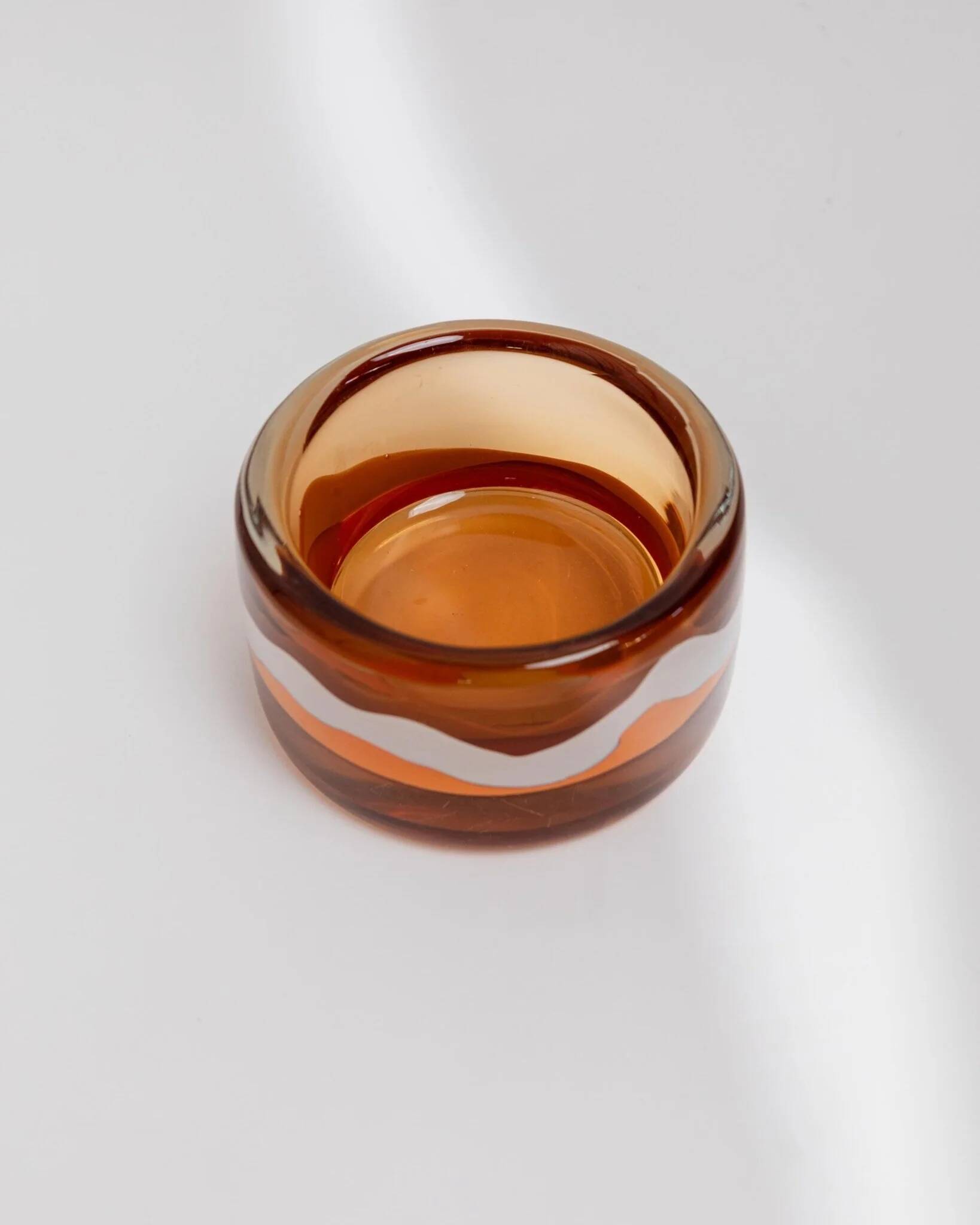 Vintage Skrdlovice Glass Bowl by Jaroslav Svoboda – Bold orange amber glass with white wave, Czech 1970s