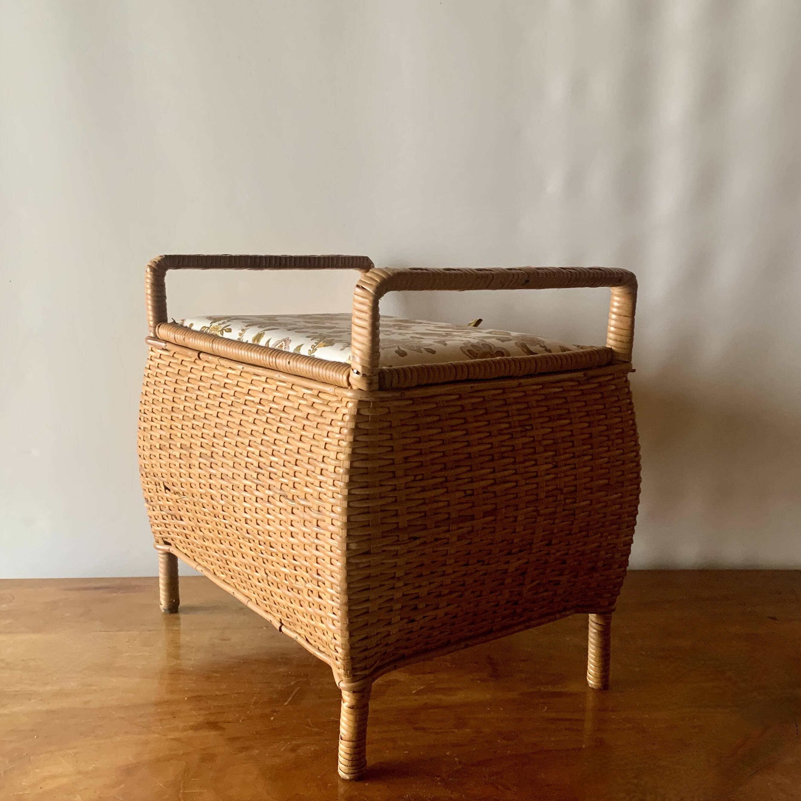 Large vintage rattan and wicker sewing basket with floral decor seat