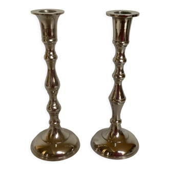Pair of chromed metal candle holders