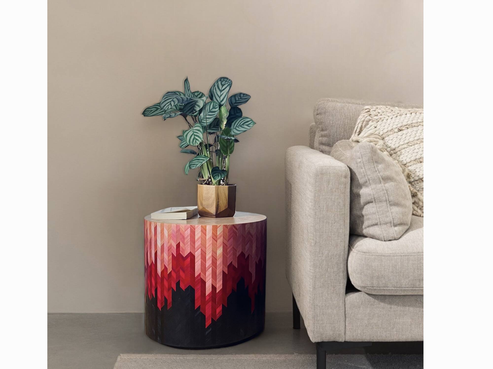 Side table with straw/inlaid concrete.
