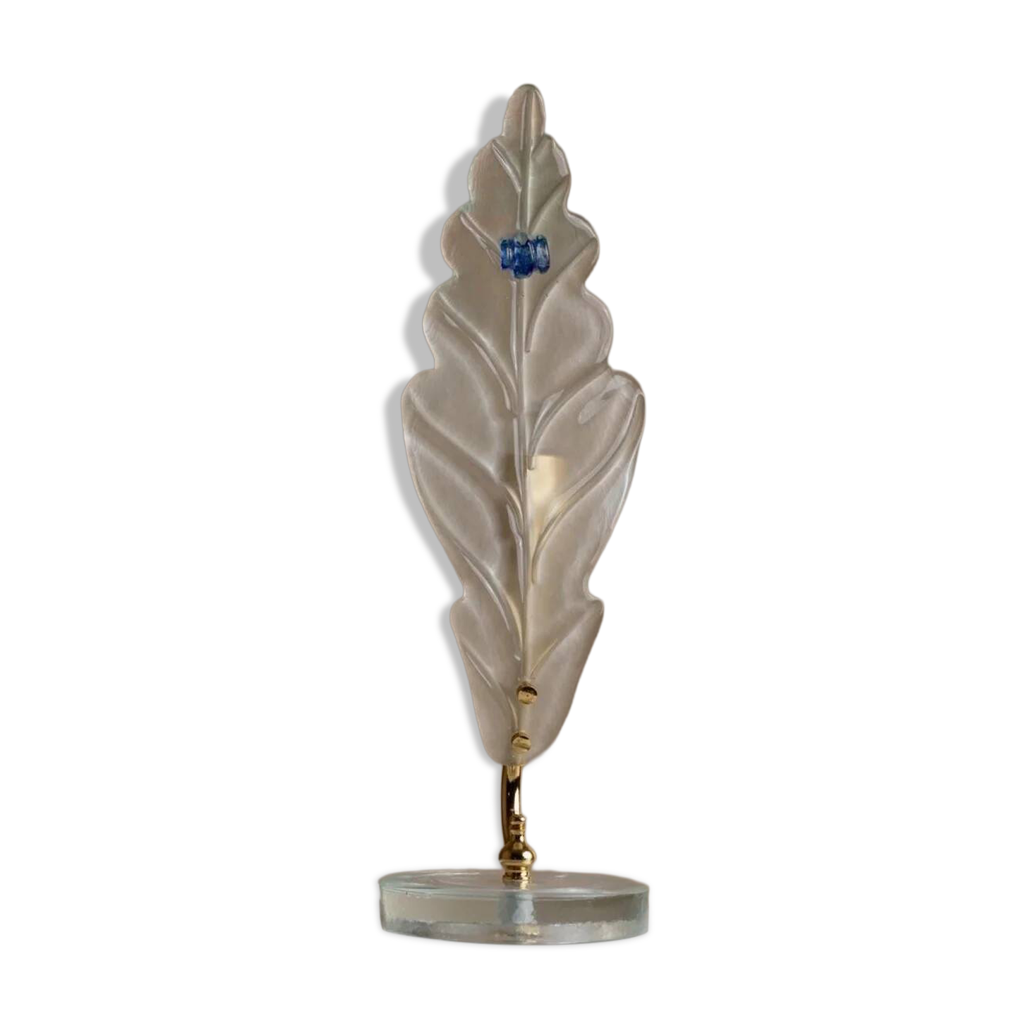 Vintage Murano Glass Table Lamp – White Opal Leaf-Shaped Glass with Blue Accent, Gold Metal Fittings, Italy 1980s