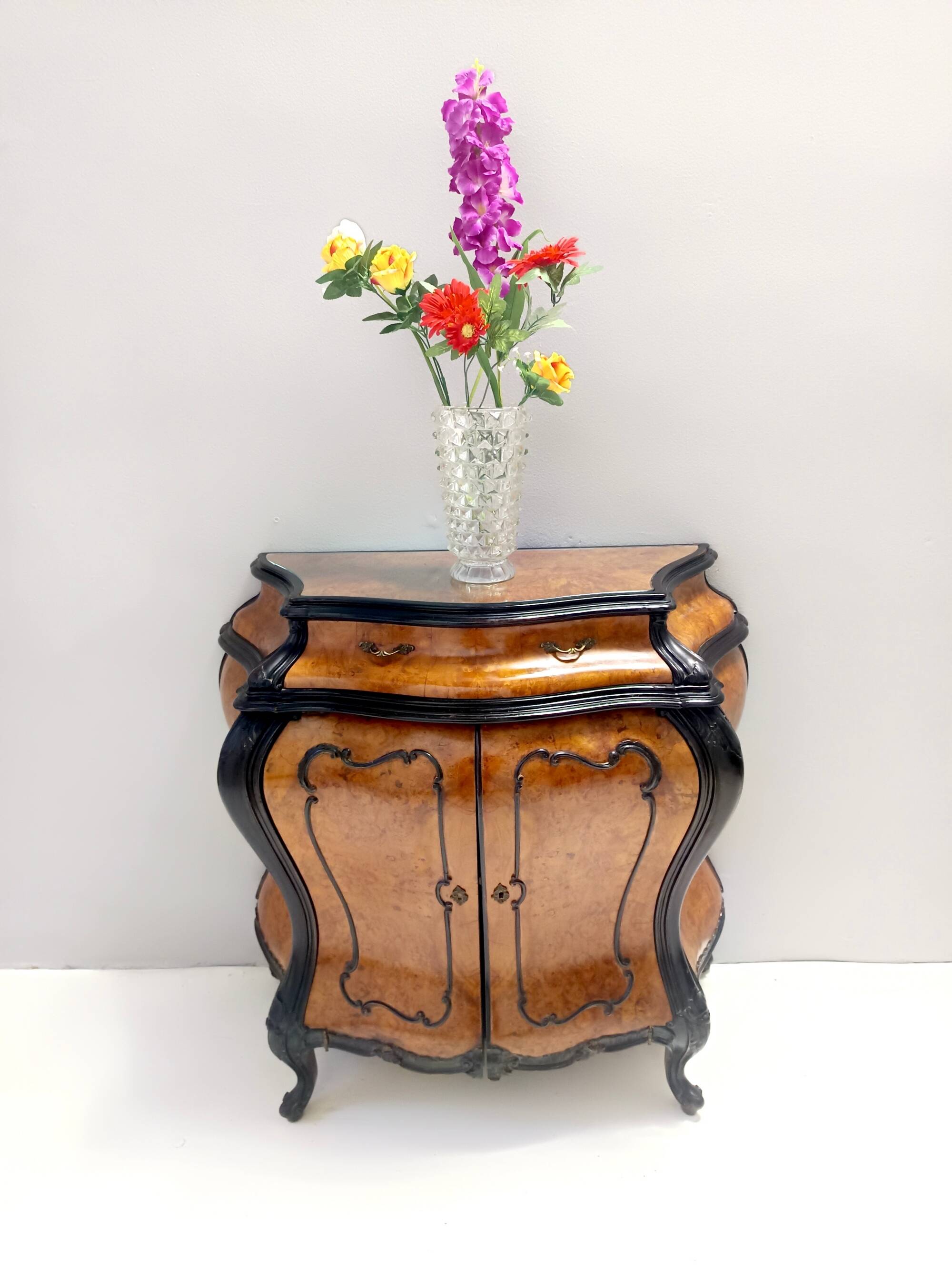 Ebonized Beech and Walnut-Root Cabinet with a Glass Top, Brianza, Italy