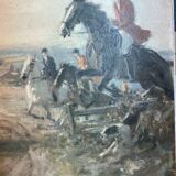 Tableau sans cadre Huile sur toile "chasse à courre"Vénerie, signature à identifier