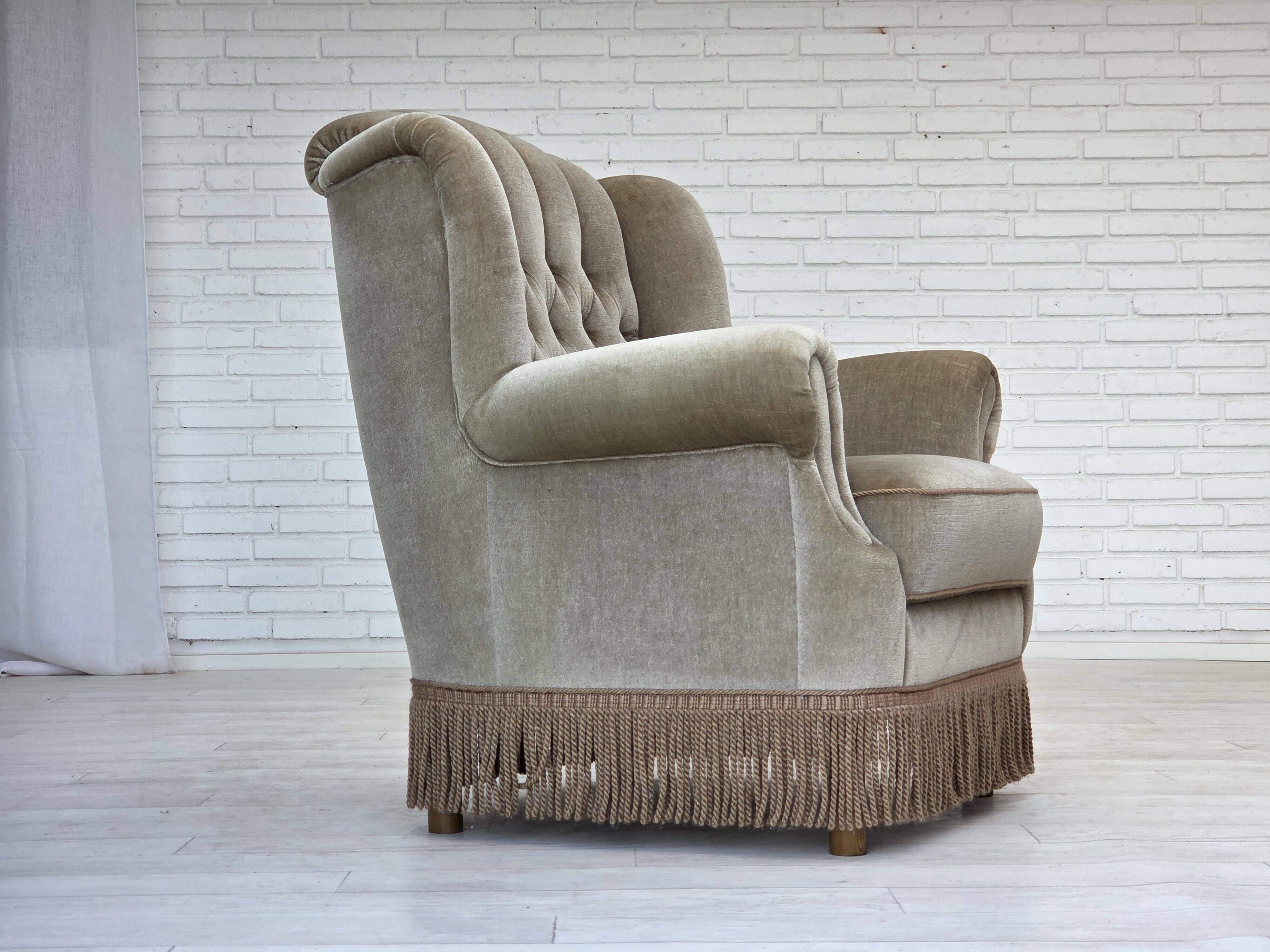 1970s, Danish armchair, original condition, furniture velour, beech wood.