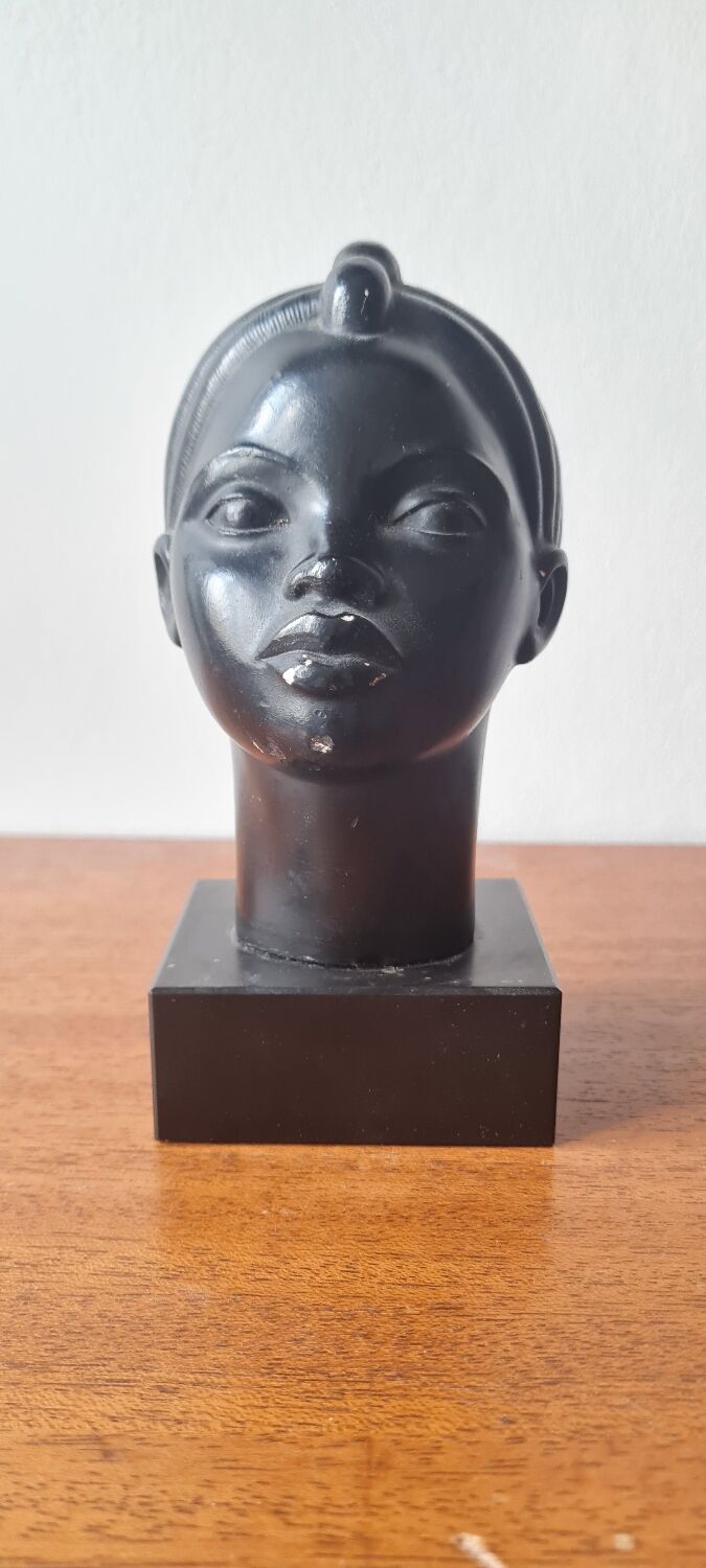 Art deco African woman bust plaster statuette signed Andre C registered