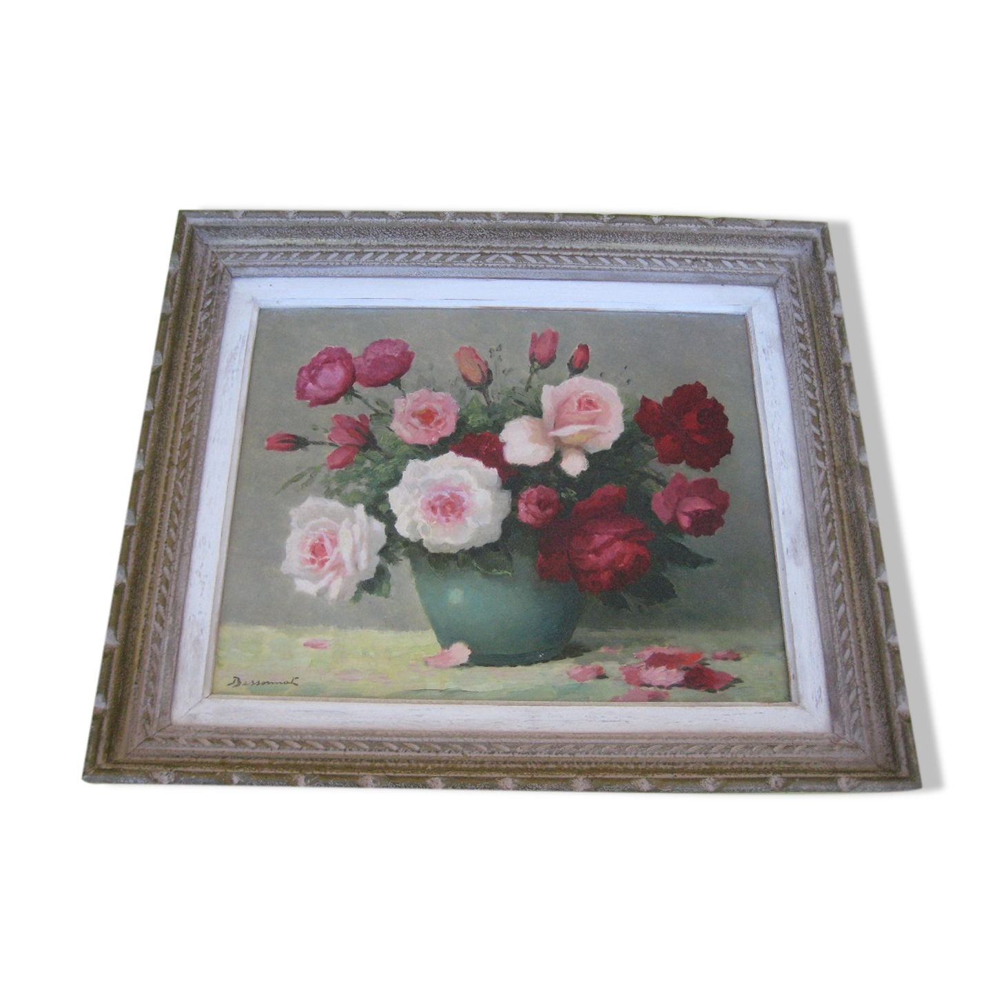 Old painting, bouquet of roses of love in a vase, signed bessonnat