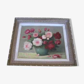 Tableau ancien bouquet de roses d'amour dans un vase,signé bessonnat