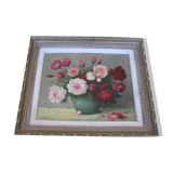 Old painting, bouquet of roses of love in a vase, signed bessonnat