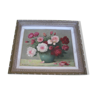 Old painting, bouquet of roses of love in a vase, signed bessonnat