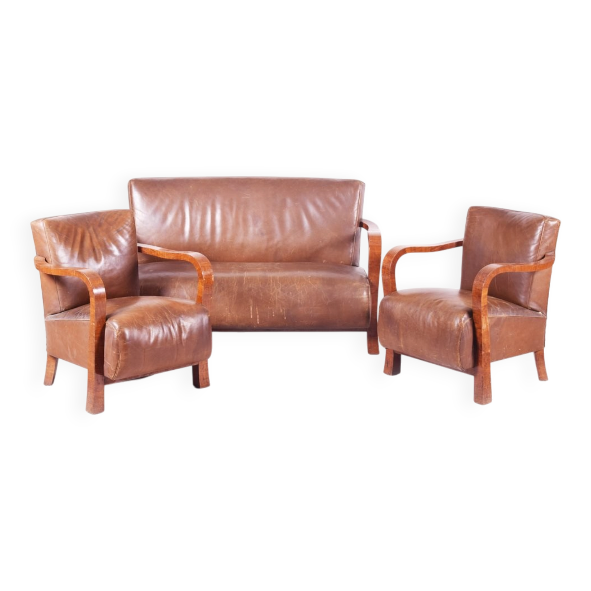Vintage Art Deco Lounge Set in Walnut and Leather, 1930s, Set of 3