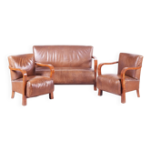 Vintage Art Deco Lounge Set in Walnut and Leather, 1930s, Set of 3