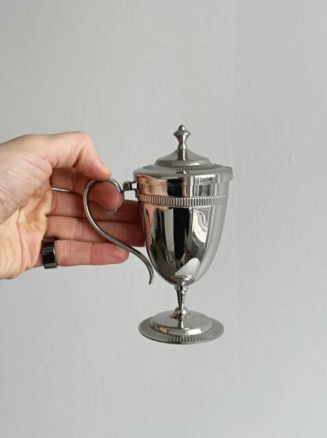 Small sugar bowl, metal stainless steel jam pot.