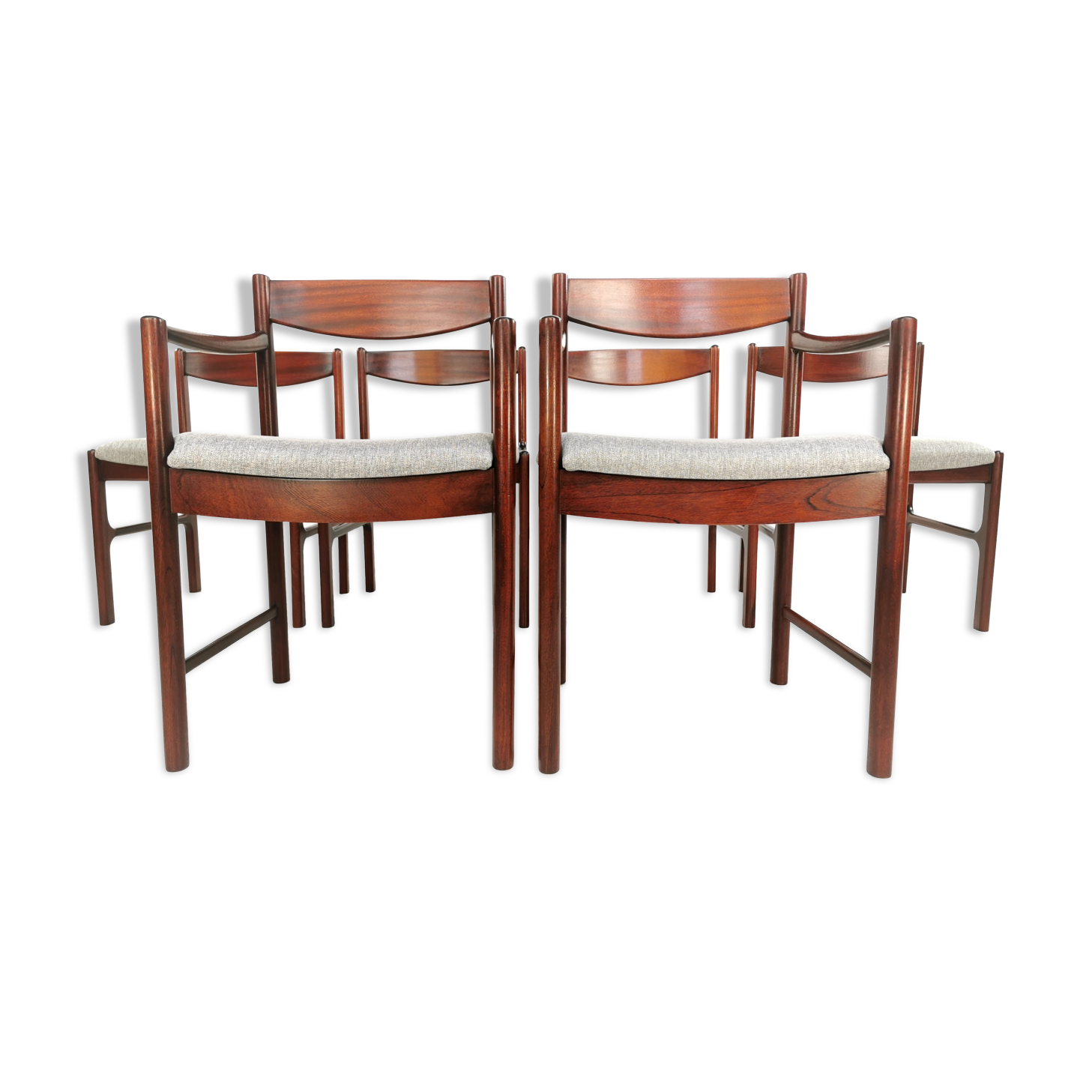 Set of 6 newly upholstered Mcintosh grey herringbone rosewood dining chairs