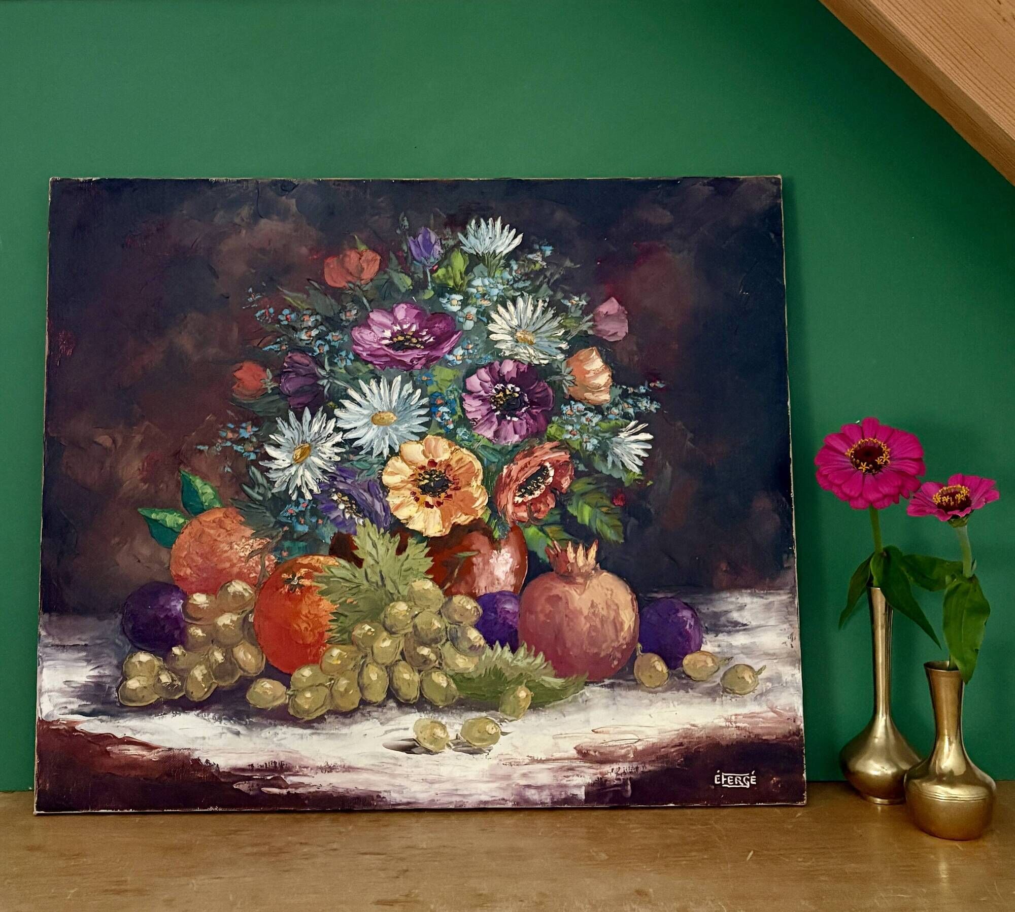Old painting, still life of flowers and fruits.